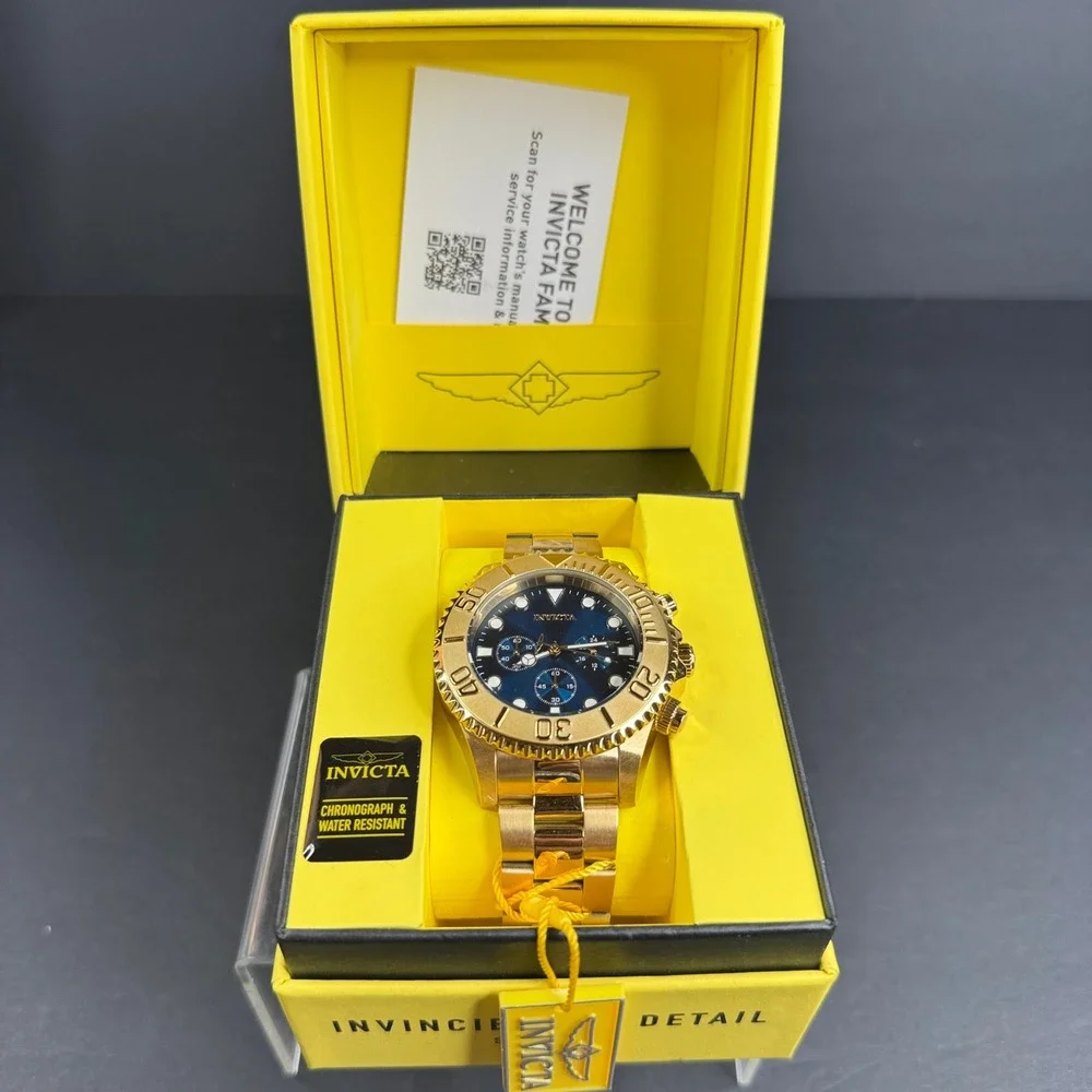 Invicta Pro Diver Chronograph Gold Tone Blue Dial Mens Watch 36974 New
